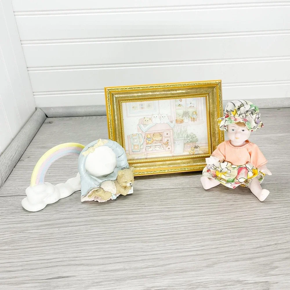 Vintage Nursery Decor Set: Ceramic Rainbow, Teddy Bear Frame, Cat Print